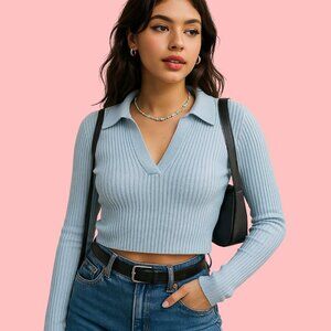 💙 H&M Divided Sky Blue Ribbed Knit Cropped Collar Sweater (Size M)